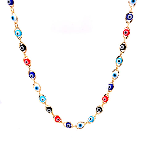 Introducing the Multicolor Evil Eye Charms Necklace and Bracelet Set: a stunning piece featuring vibrant evil eye charms in blue, red, black, and white, each adorned with a gold-colored rim. This set is delicately crafted on an 18-inch 14k gold filled chain and is nickel-free, creating an eye-catching and vibrant pattern.